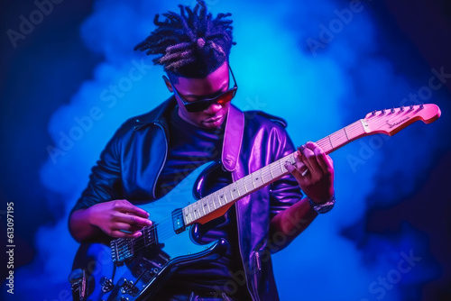 Young african american musician playing the guitar. Young rock star playing electric guitar at a concert. Generative AI
