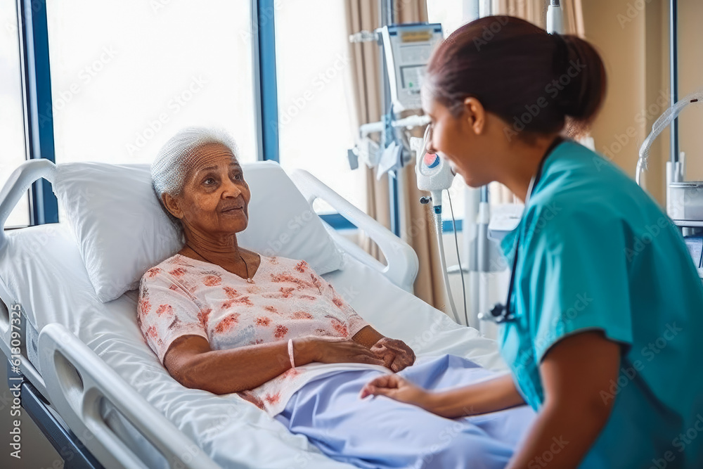 Senior patient and nurse in hospital. Elderly patient in hospital bed. Generative AI Senior patient and nurse in hospital. Elderly patient in hospital bed. Generative AI