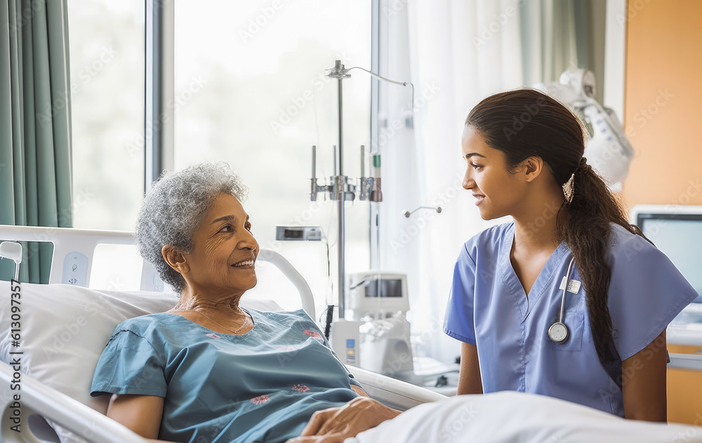 Senior patient and nurse in hospital. Elderly patient in hospital bed. Generative AI Senior patient and nurse in hospital. Elderly patient in hospital bed. Generative AI