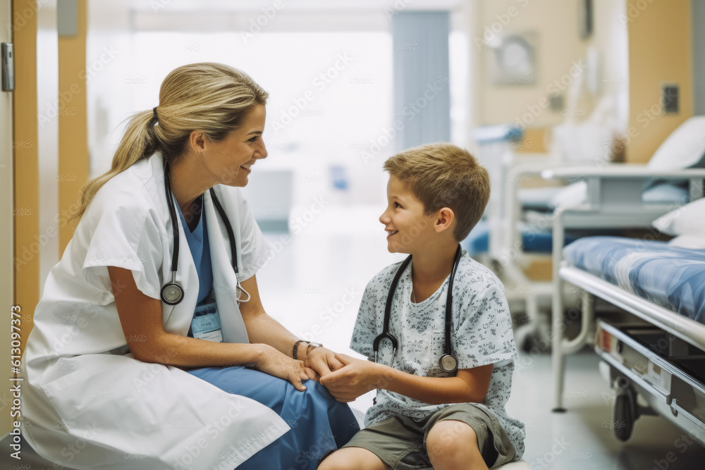 Obraz premium Female nurse talking with boy patient in hospital room. Kind professional nurse talking with child in clinic. Generative AI