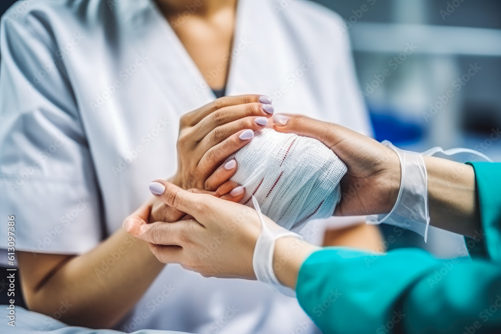 Professional nurse at hospital bandaging a patient's hand. Generative AI