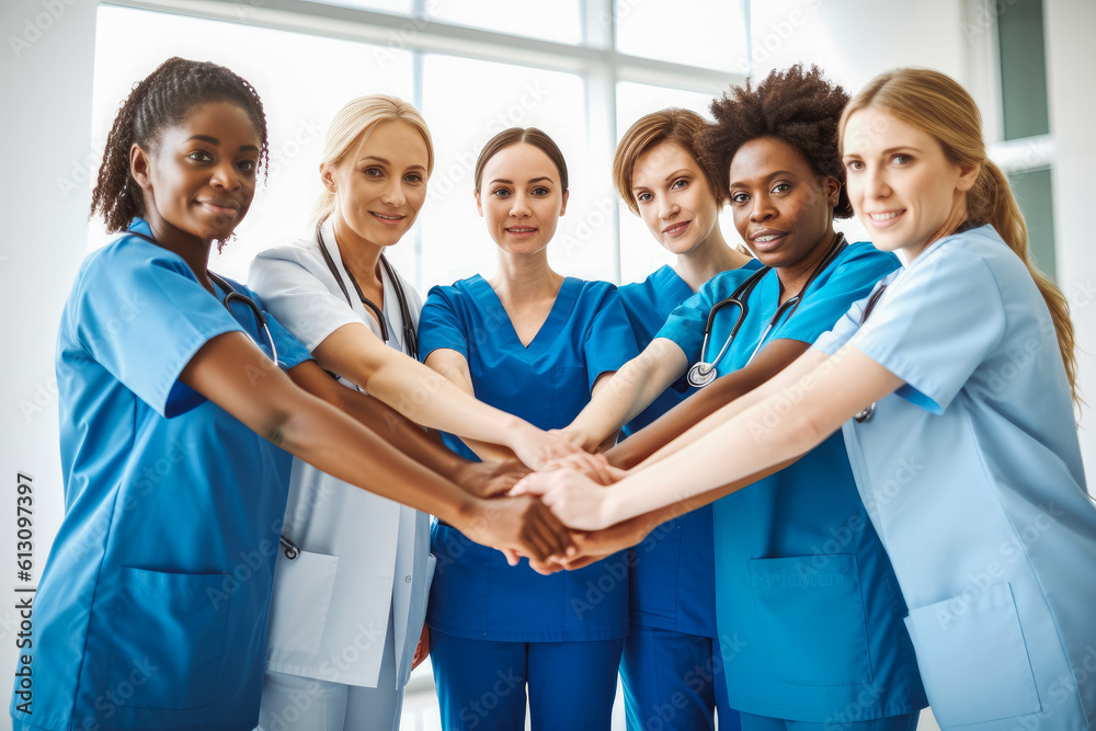 Multiethnic medical team stacking hands. Teamwork in hospital concept. Generative AI Multiethnic medical team stacking hands. Teamwork in hospital concept. Generative AI