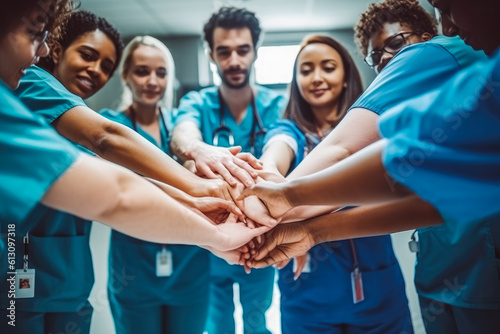 Multiethnic medical team stacking hands. Teamwork in hospital concept. Generative AI