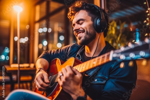 Guy listening to music and playing an acoustic guitar. Male musician sitting and playing guitar. Generative AI