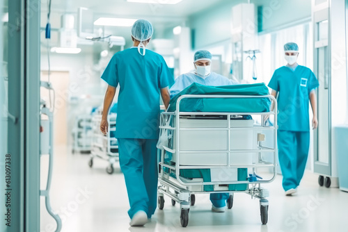 Doctors in hospital corridor. Nurses pushing gurney stretcher down hallway. Generative AI photo