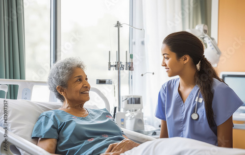 Senior patient and nurse in hospital. Elderly patient in hospital bed. Generative AI