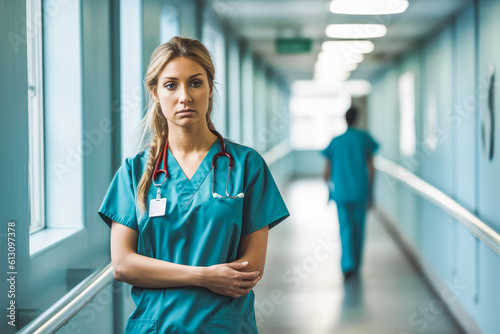 Depressed nurse standing in corridor. Professional nurse standing in corridor of hospital clinic, feeling sad. Generative AI