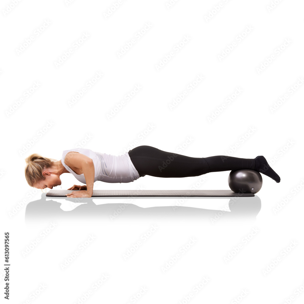 Fototapeta premium Ball, workout and athlete training for wellness, health and core strength isolated in a transparent or png background. Pushup, energy and healthy female person or woman exercise for fitness or sport