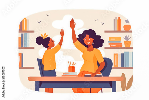 Education and learning concept. Teacher and children high five. Generative AI