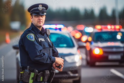 Police officer controlling traffic on highway. Professional policeman on duty. Generative AI photo
