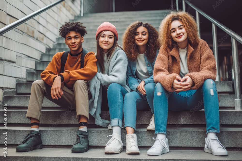Obraz premium Group of diverse students sitting on stairs. Friend in school portrait of young people. Generative AI