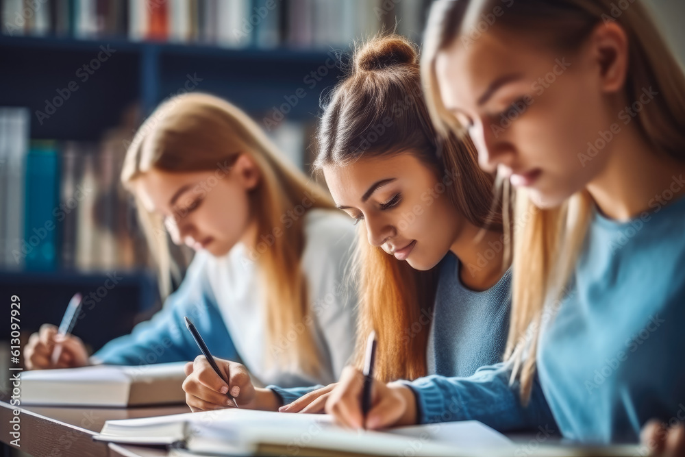 Group of students with books writing school test. Studying and education concept. Generative AI