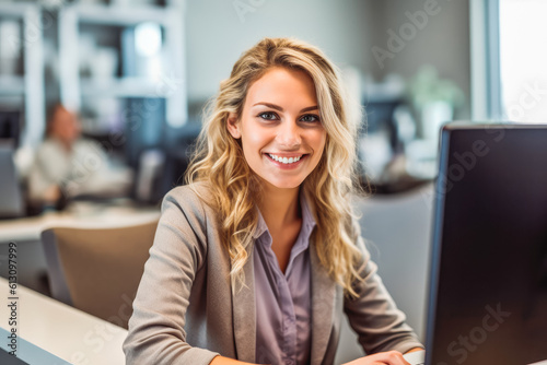 Portrait of receptionist at a call centre working at a computer. Confident, smiling young receptionist taking calls. Generative AI