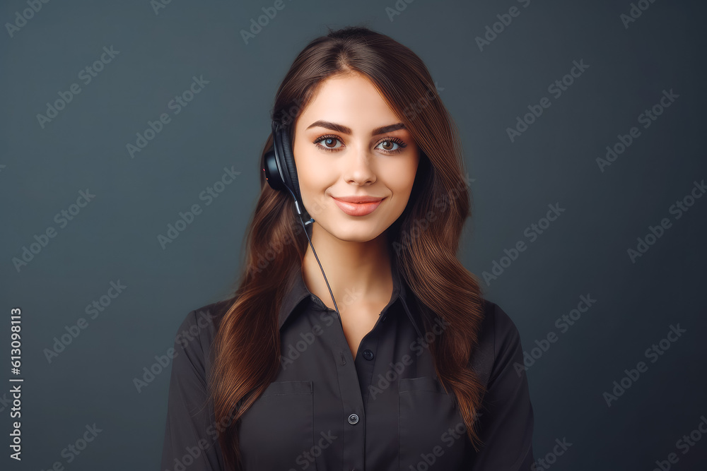 Portrait of young friendly woman operator agent with headset. Confident, smiling young receptionist taking calls. Generative AI Portrait of young friendly woman operator agent with headset. Confident, smiling young receptionist taking calls. Generative AI