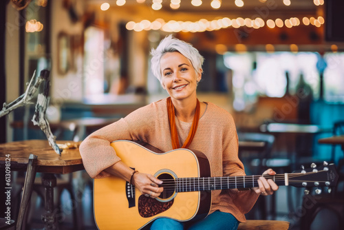 Front view photo of adult caucasian woman sitting in cafe playing an acoustic guitar. Generative AI