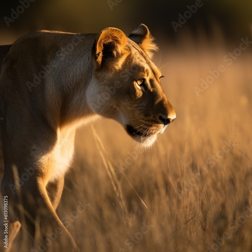 Lioness on the Hunt Breathtaking Photograph with Golden Sunset Light