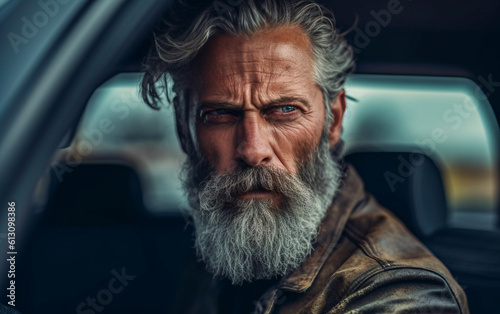 A serious-looking man drives the car - ai generative
