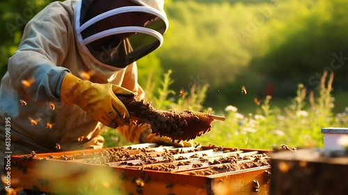 the beekeeper takes out the honeycombs from the beehive in the apiary.Beekeeping and honey production. Generative AI