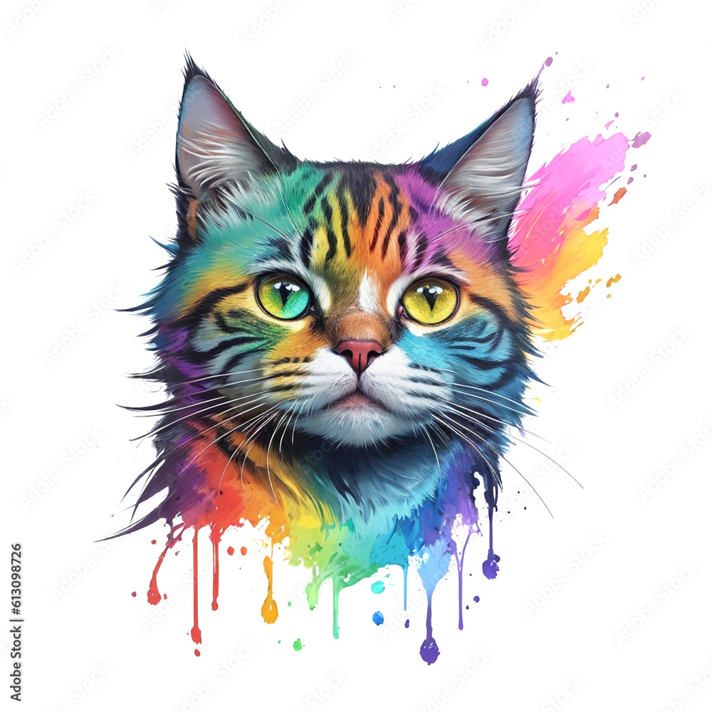 Multicolor colorful cat head of playfulness and whimsy with its vibrant blend of various hues, creating a captivating and visually appealing artwork.