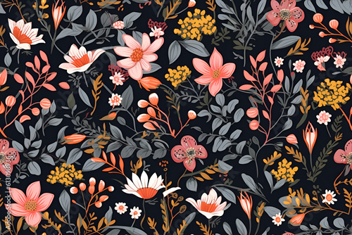 Floral pattern. Seamless pattern with decorative flowers and plants. AI generated © tynza