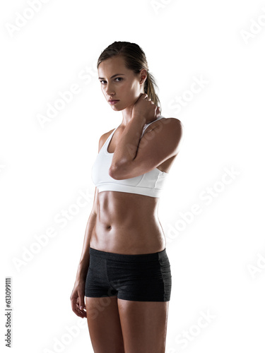 Neck pain, portrait or sports woman with injury on accident in exercise or painful fitness workout. Injured girl athlete with stress, inflammation or tendinitis isolated on transparent png background