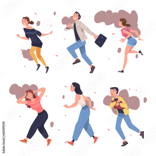 Fire Emergency with Man and Woman Escaping Saving Life when Smoke Vector Illustration Set