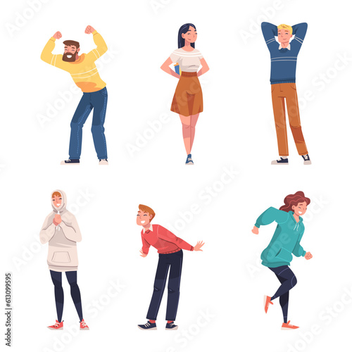 Excited Male and Female Showing Positive Gesture Feeling Happiness and Joy Vector Illustration Set