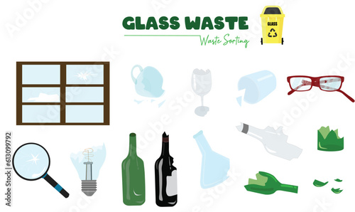 Glass waste vector set isolated on white background. Collection of recycled glass products. Recyclable glass garbage trash vector illustration. Cartoon style. 