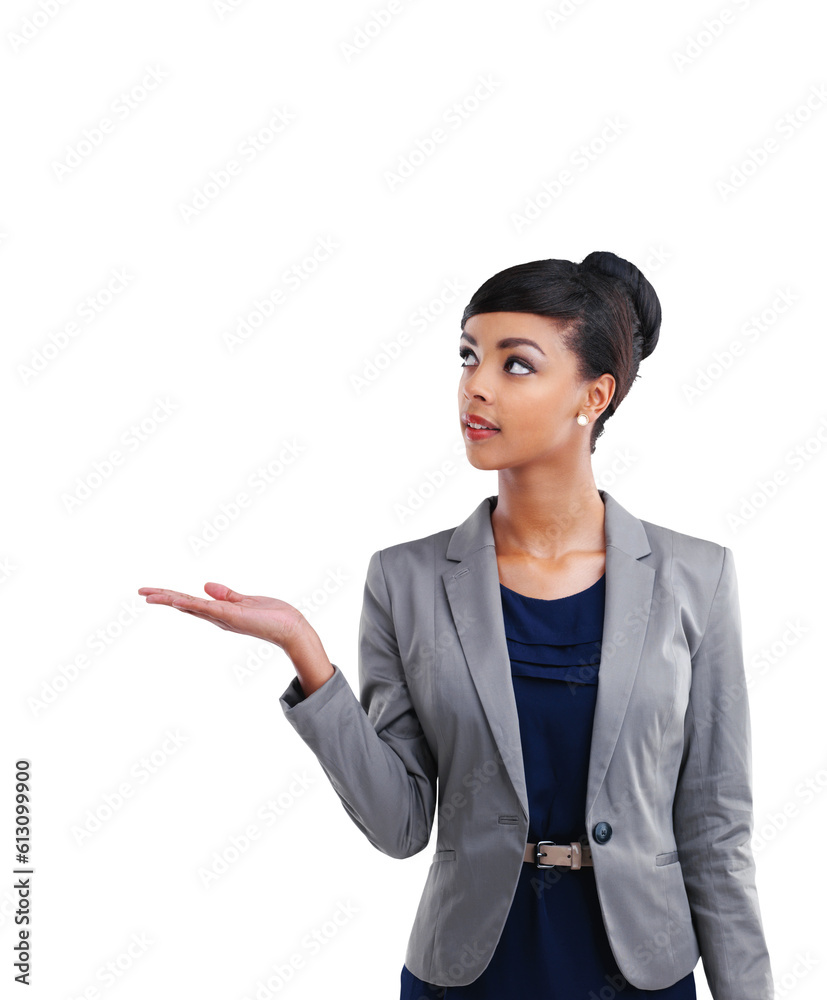 Hand, palm and business woman advertising space isolated on a transparent, png background. Professional african person show corporate announcement, presentation or product information for promotion Hand, palm and business woman advertising space isolated on a transparent, png background. Professional african person show corporate announcement, presentation or product information for promotion