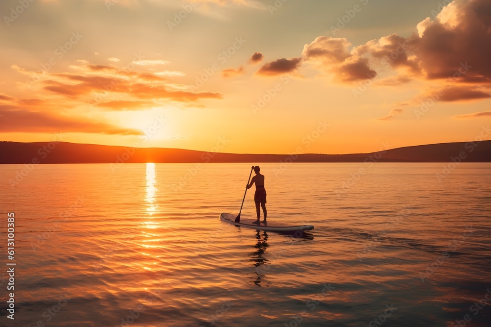 Tranquil image of a person stand-up paddleboarding against the stunning backdrop of a sunset.
