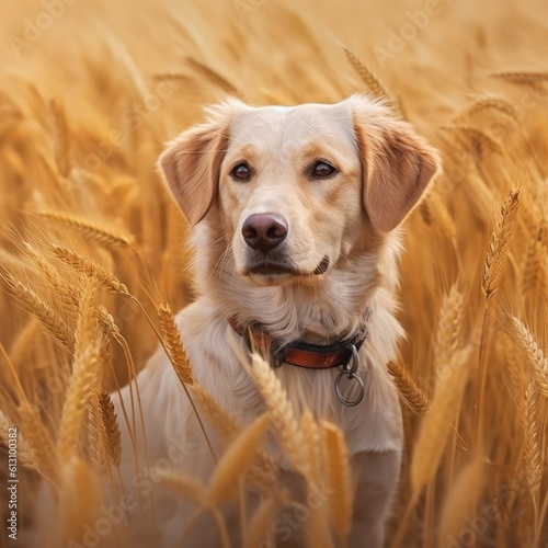 Portrait of a young dog at the wheat field. Generative AI