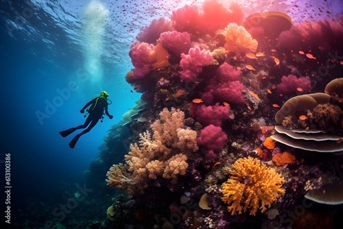 Underwater view of a swimmer exploring a vibrant and colorful coral reef  embodying the wonder of water sports.