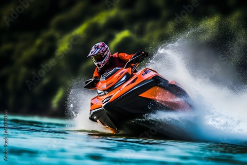 High-energy shot of a jet ski rider making a sharp turn, creating a dramatic spray of water. © Davivd