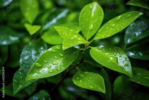 Water drops on a green leaf. Generative AI