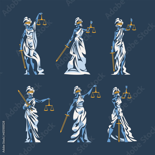 Themis as Ancient Greek Goddess and Lady Justice with Blindfold Holding Scales and Sword Vector Illustration Set