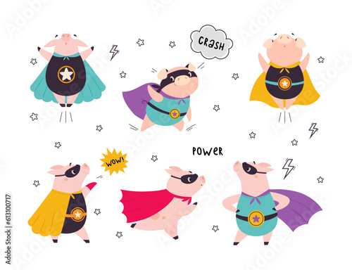 Pink Pig Superhero Character in Eye Mask and Cloak Having Super Power Vector Illustration Set