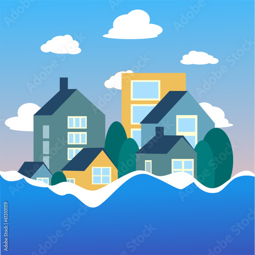 Flood in the city. Houses and trees flooded. Disaster. Modern vector illustration in flat style. Undermining a dam in Ukraine.