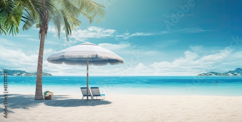 Chairs and umbrella at luxury palm beach. Tropical holiday banner with ocean or sea. Created with Generative AI technology.