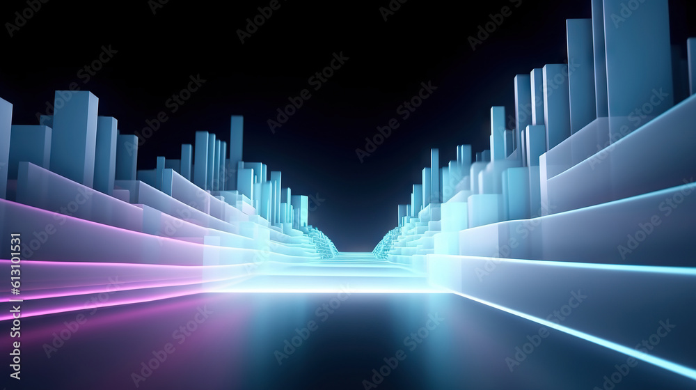 Modern digital abstract 3D background. Can be used in the description of network abilities, technological processes, digital storages, science, education, etc. Copy space. Based on Generative AI