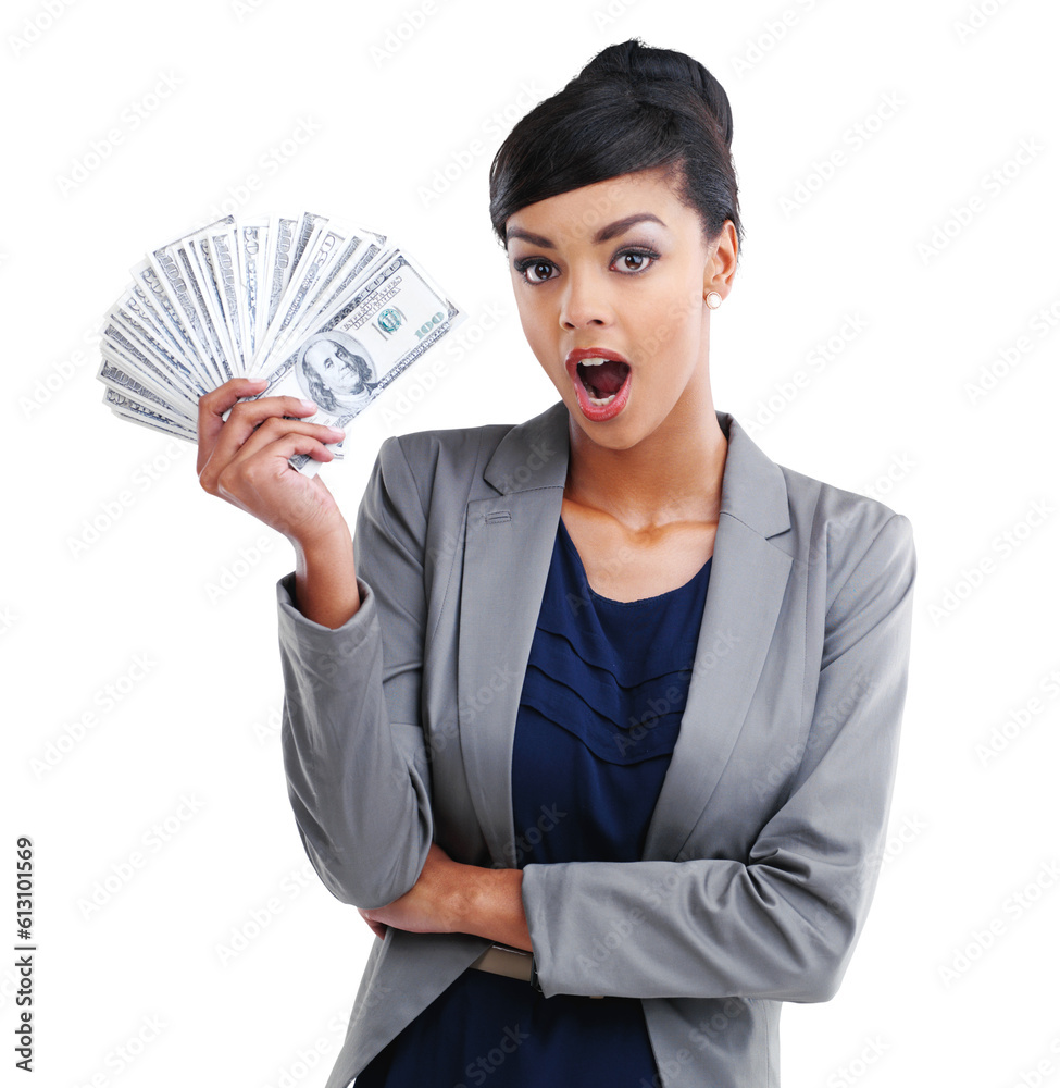 Portrait, wow and money with a business woman isolated on a transparent background as a winner of the lottery. Finance, accounting and savings with a surprised female employee holding cash on PNG Portrait, wow and money with a business woman isolated on a transparent background as a winner of the lottery. Finance, accounting and savings with a surprised female employee holding cash on PNG