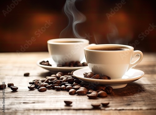 Cups of coffee and beans on blurred background. Created with Generative AI technology.