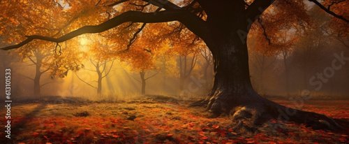 Big trees in autumn in the forest, sunlight ray through branches. Generative Ai.