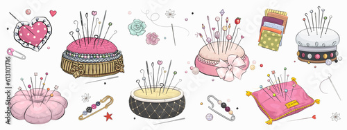 Set of hand drawn pin cushion, safety pin and sewing pin isolated on white background. Sewing tools. Vector illustration