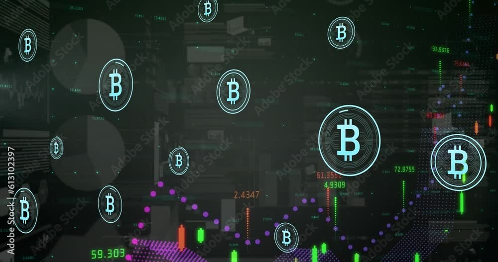 Animation of bitcoin symbols over financial and statistical data processing against grey background