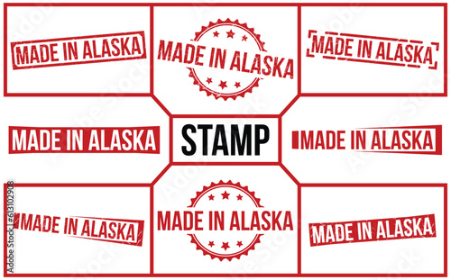 Made in Alaska stamp red rubber stamp set on white background. Made in Alaska stamp sign. Made in Alaska stamp set.