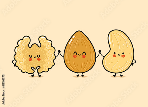 Cute, funny happy almonds, Walnut and cashews nut. Vector hand drawn cartoon kawaii characters, illustration icon. Funny happy cartoon almond, Walnut cashew nut mascot friends concept