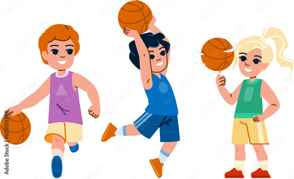 basketball kid vector. child sport, player play, basket activity, boy team, action youth basketball kid character. people flat cartoon illustration
