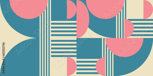 Modern vector abstract geometric background with circles, rectangles, squares and stripes in retro Bauhaus style. Pastel colored