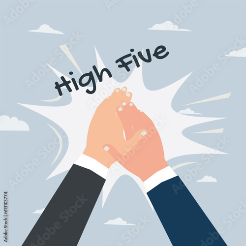 Businessman high five hand, hands clapping. Success or deal concept vector illustration