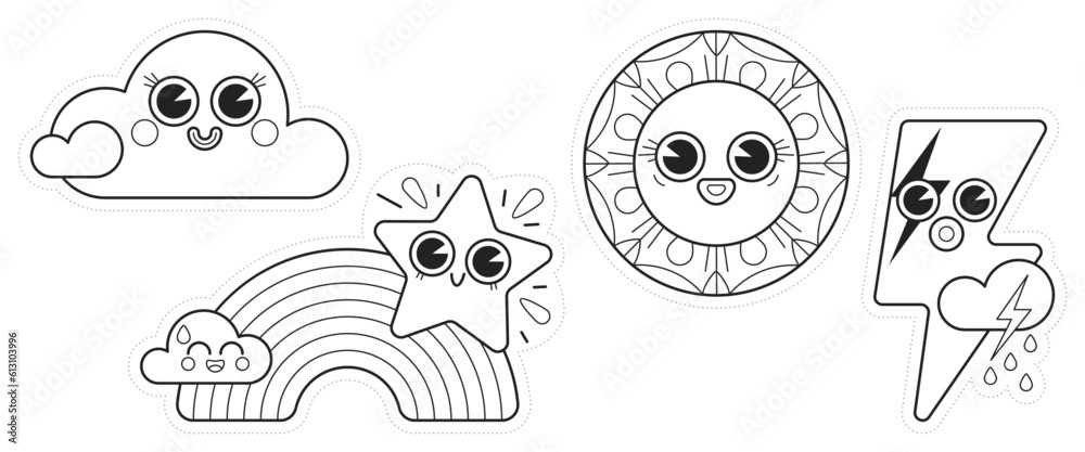 Fototapeta premium Série de dessin pour coloriage sur le thème de la météo, nuage mignon et souriant, arc-en-ciel et étoile filante, soleil dans le ciel, foudre et goutte de pluie, des personnages en noir et blanc